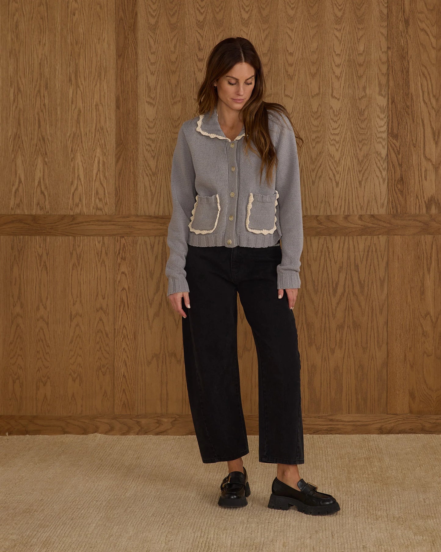 Rylee + Cru Women's Collared Cardigan, Dusty Blue