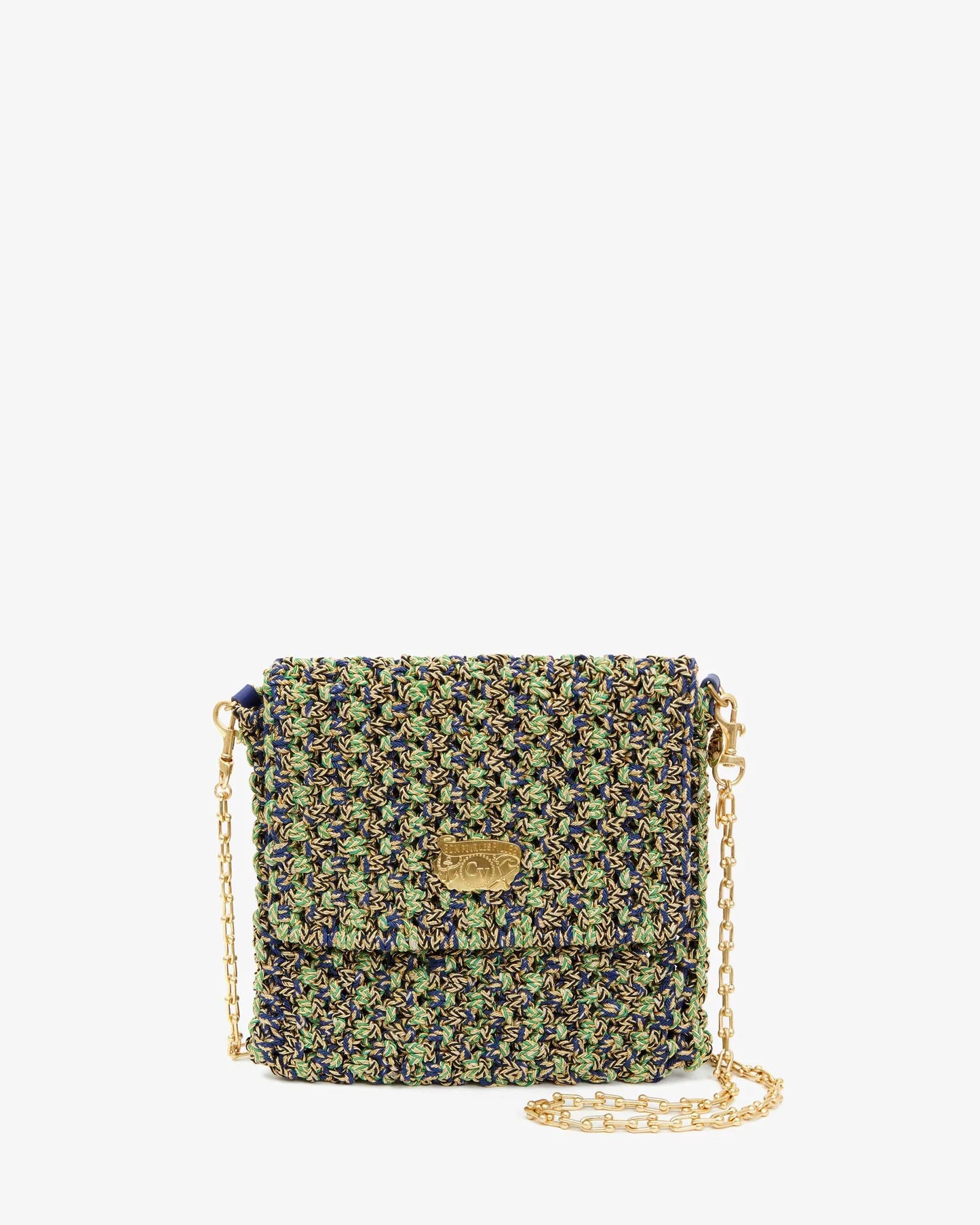 Clare V Ramya, Green & Navy Metallic Crochet Handbag