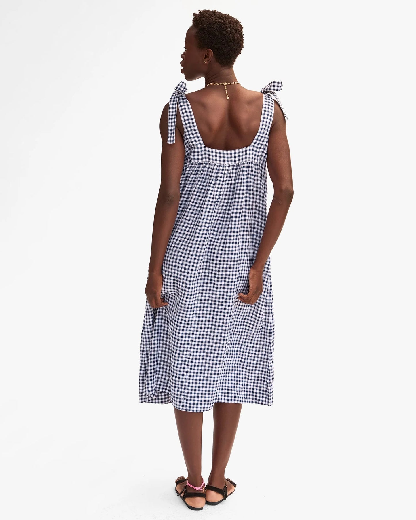 Clare V Rosalie Dress Linen Gingham, Navy/White