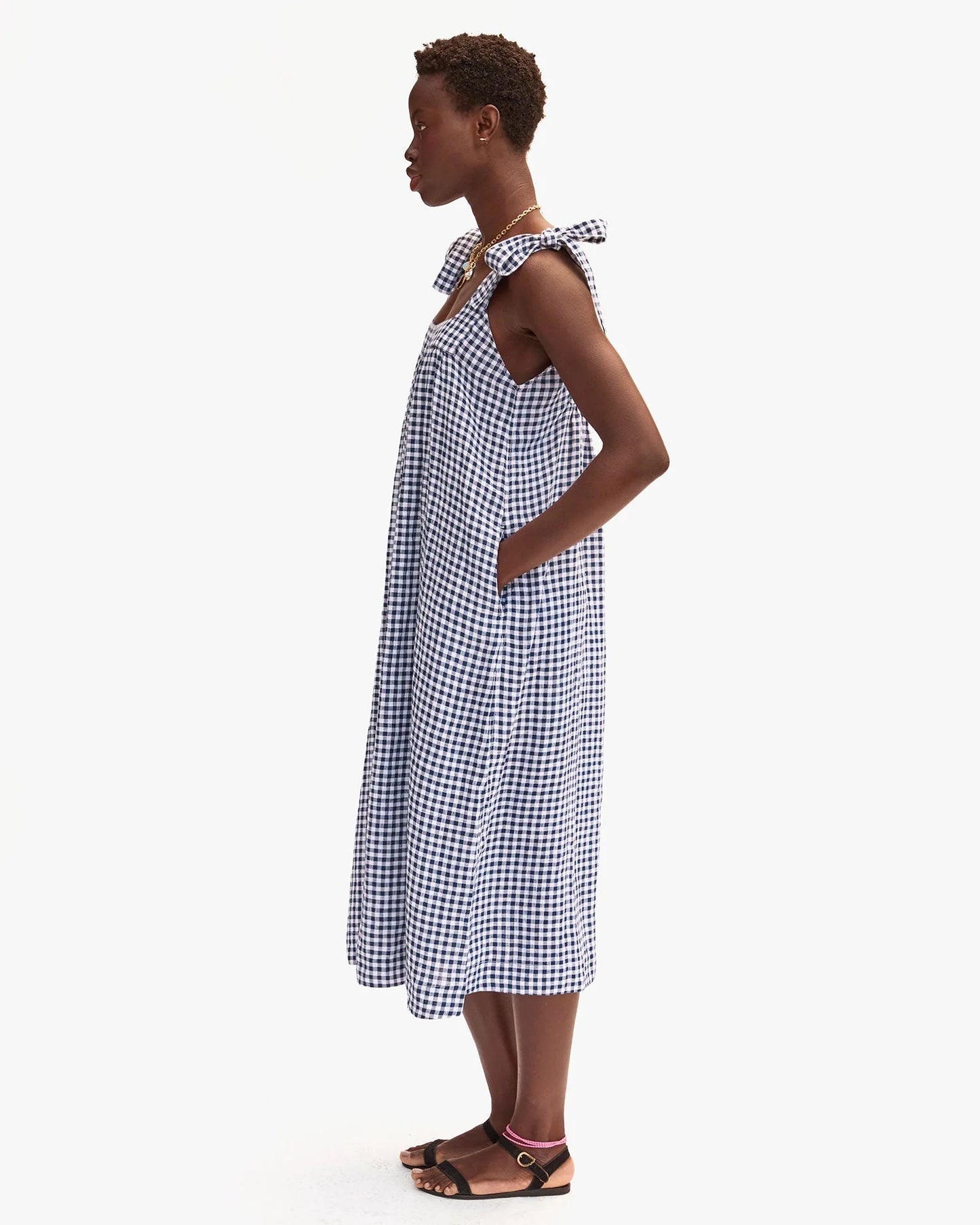 Clare V Rosalie Dress Linen Gingham, Navy/White