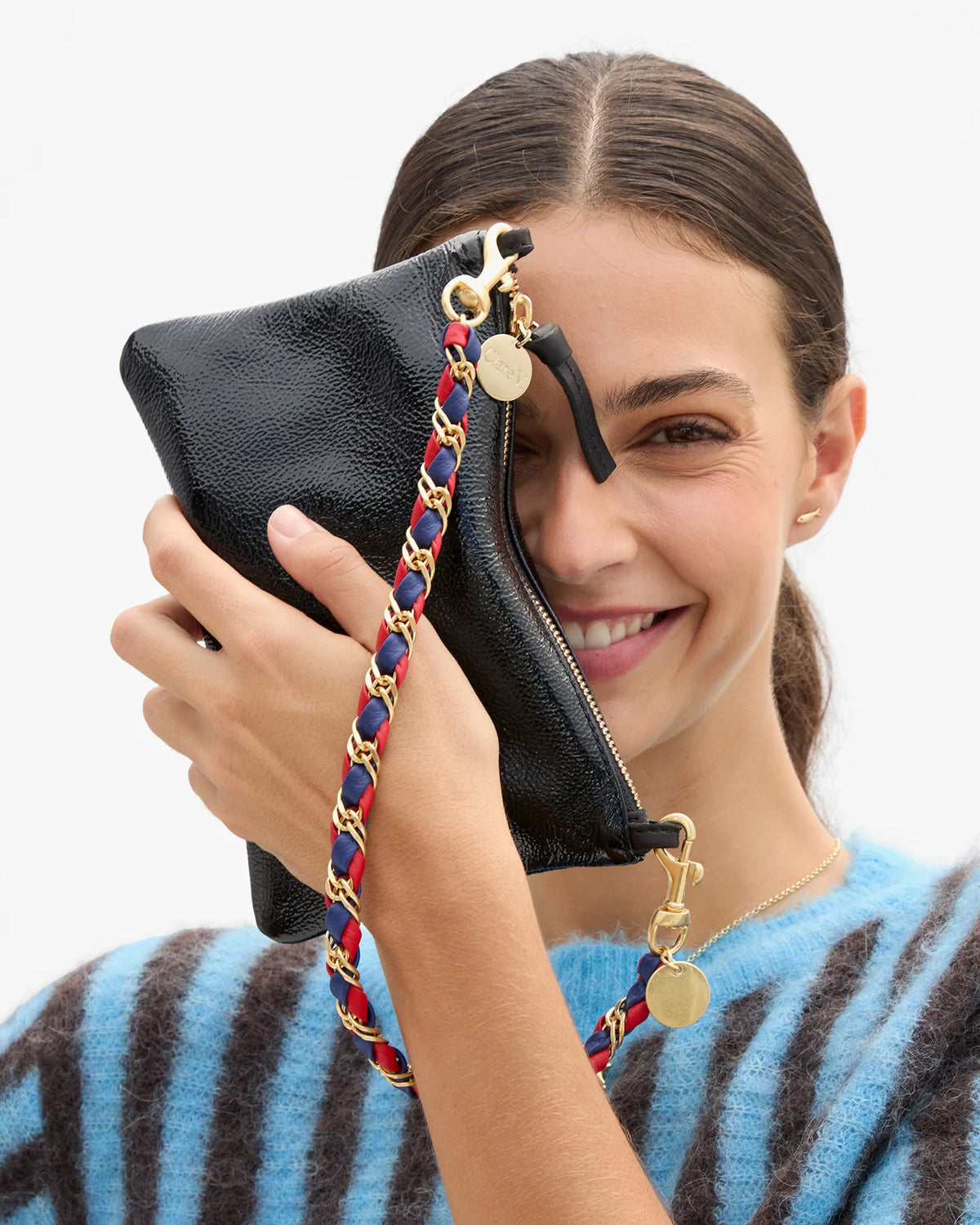 Clare V Wallet Clutch w/Tabs, Black Crinkle Patent