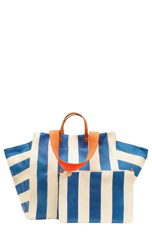 Clare V Beach Tote W/ Flat Clutch - Striped Mesh Azul Shell