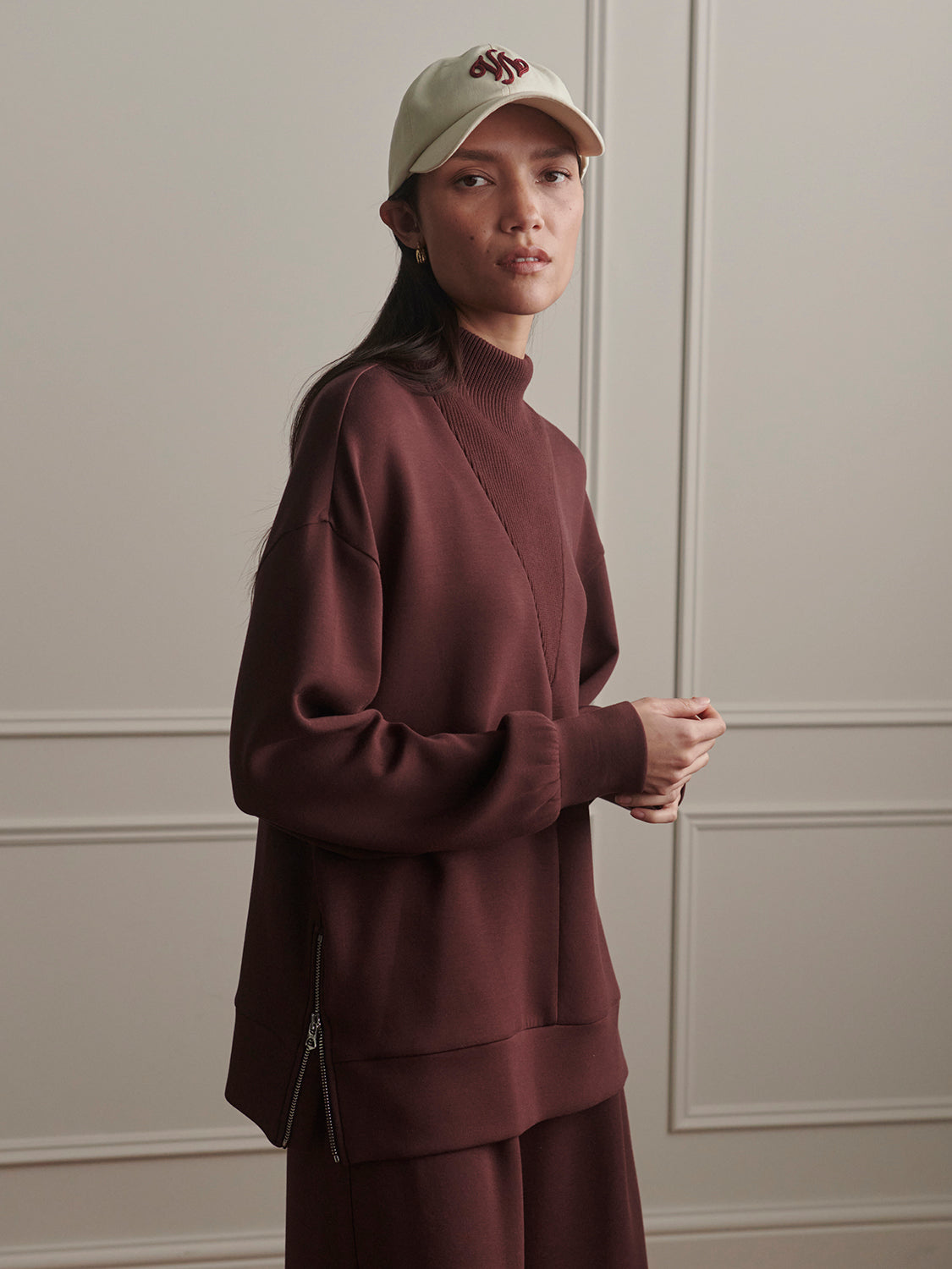 Varley Novi Longline Mock Neck Sweat, Deep Mahogany