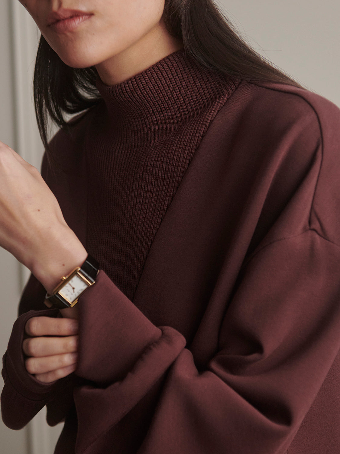 Varley Novi Longline Mock Neck Sweat, Deep Mahogany