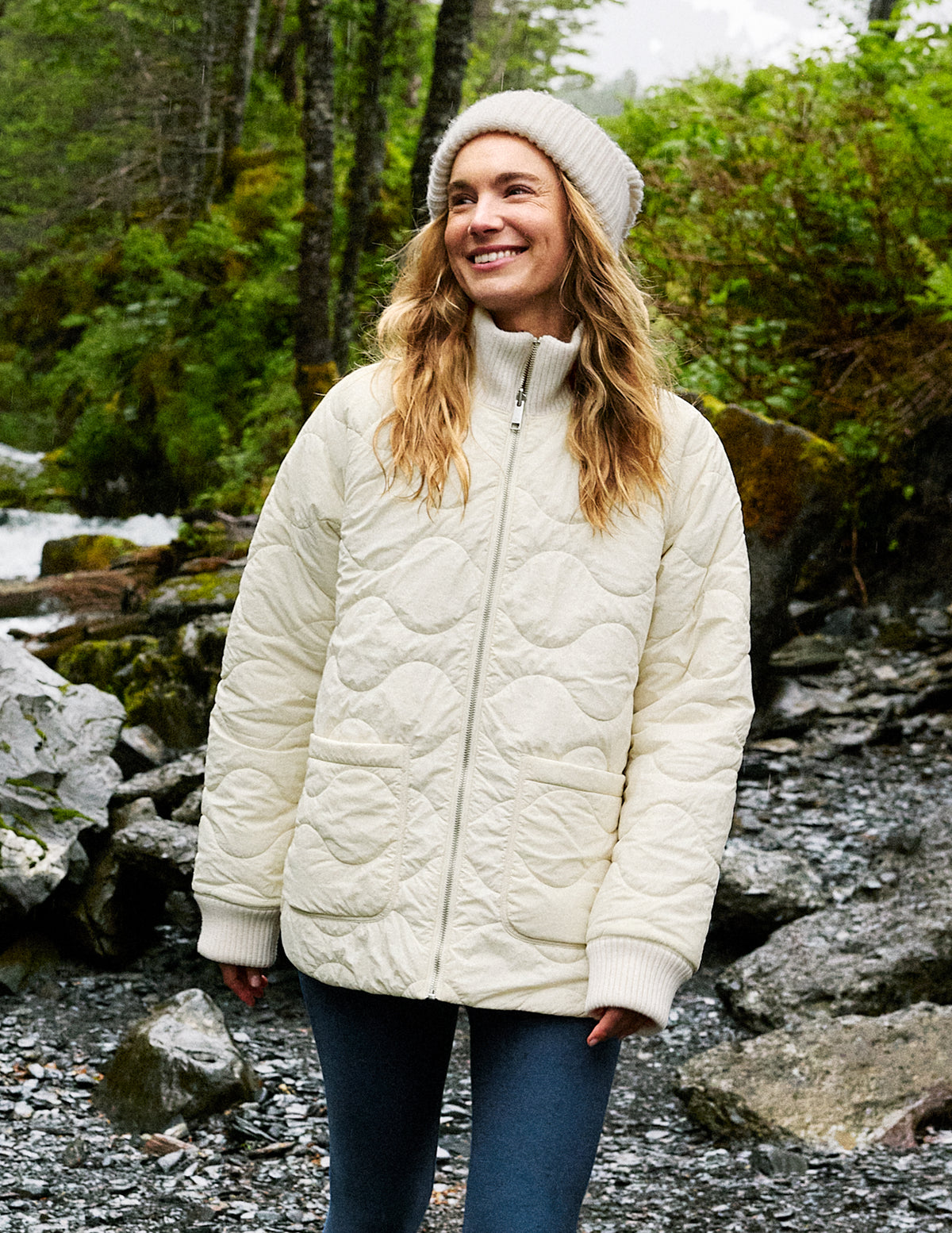 Beyond Yoga Roam Quilted Reversible Jacket, Bone Riverbed