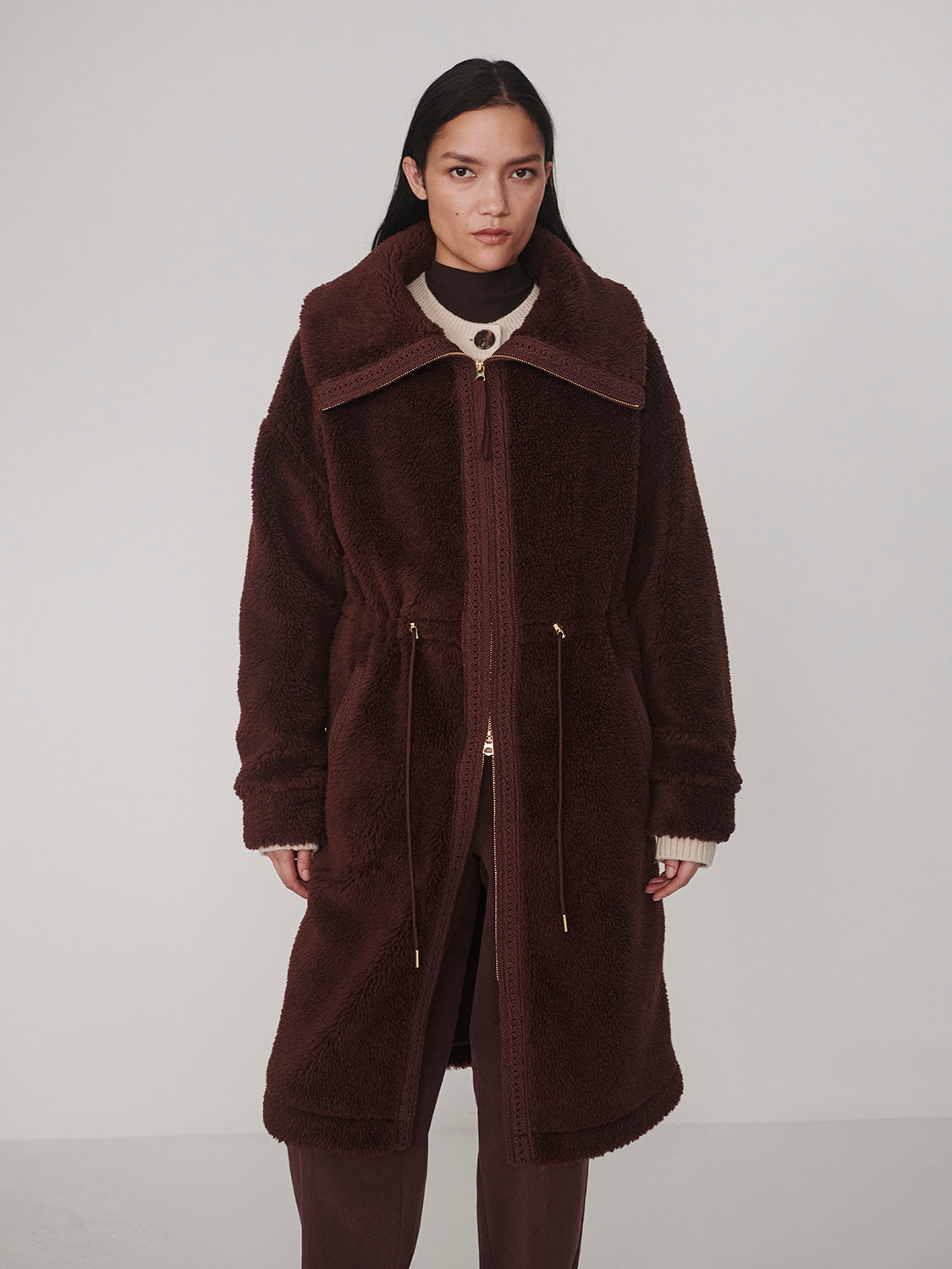 Varley Bennet Long Sherpa Coat, Dark Chestnut