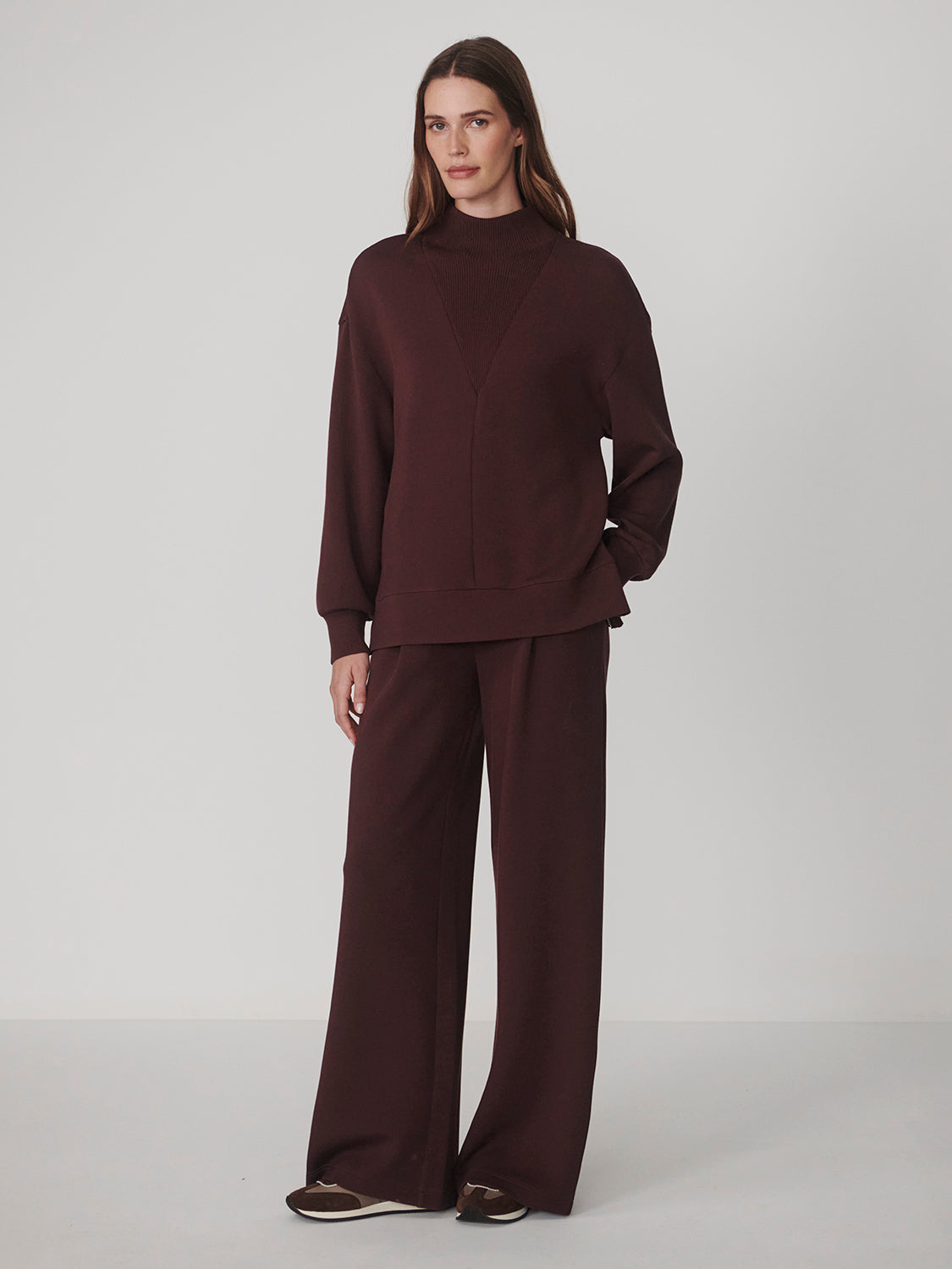 Varley Novi Longline Mock Neck Sweat, Deep Mahogany