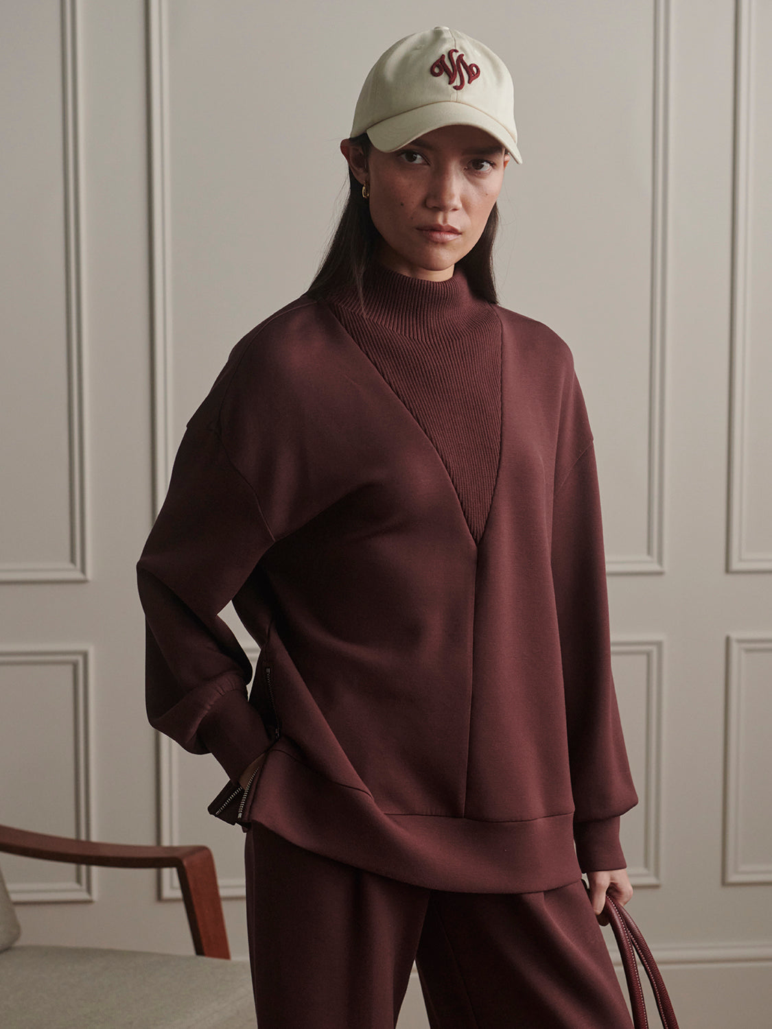 Varley Novi Longline Mock Neck Sweat, Deep Mahogany