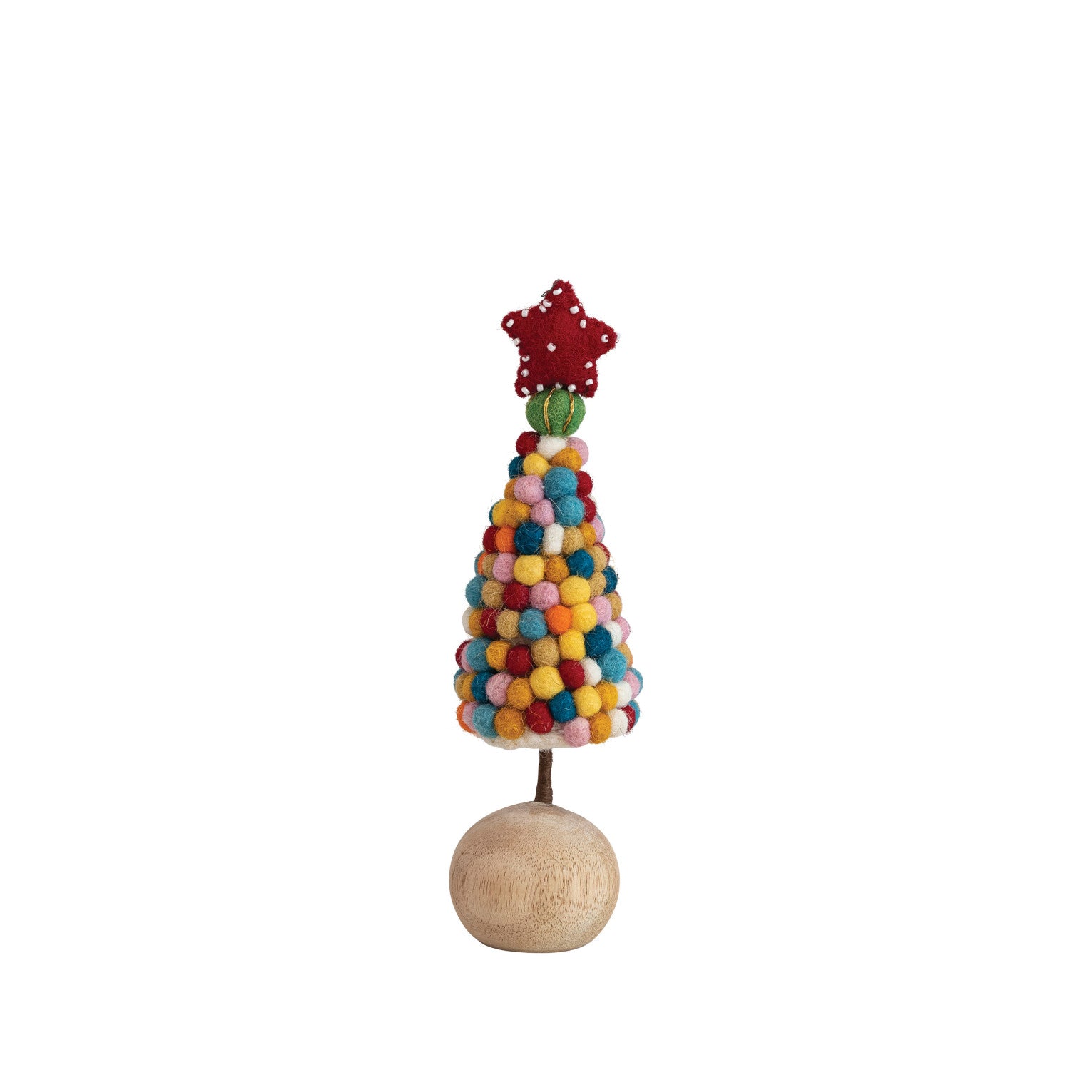 2-1/4" Round x 8"H Handmade Wool Felt Pom Pom Tree w/ Beaded Star & Wood Ball Base