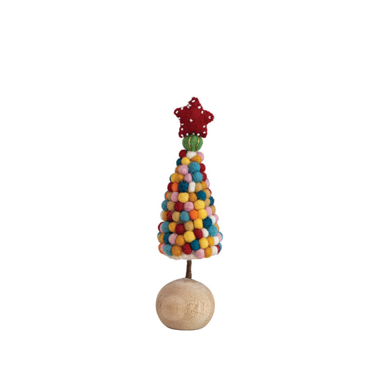2-1/4" Round x 8"H Handmade Wool Felt Pom Pom Tree w/ Beaded Star & Wood Ball Base